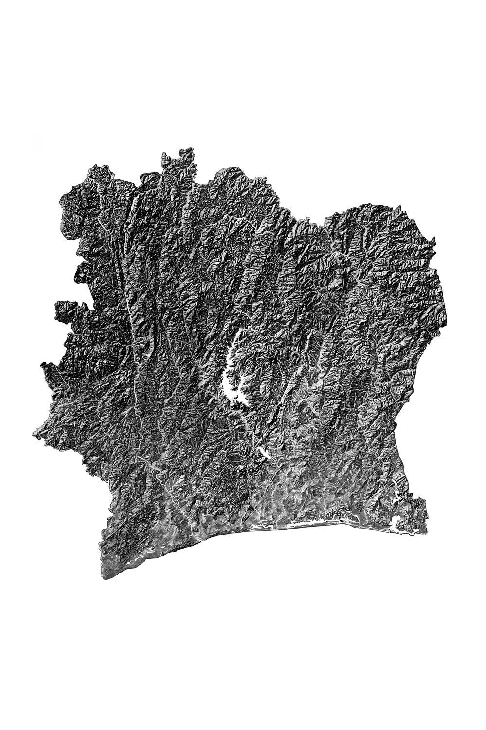 Akwaba, carte de la Côte d’Ivoire, dessin aux crayons graphite et encre